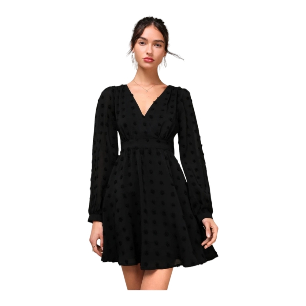 Always on Repeat Black Clip Dot Long Sleeve Mini Dress